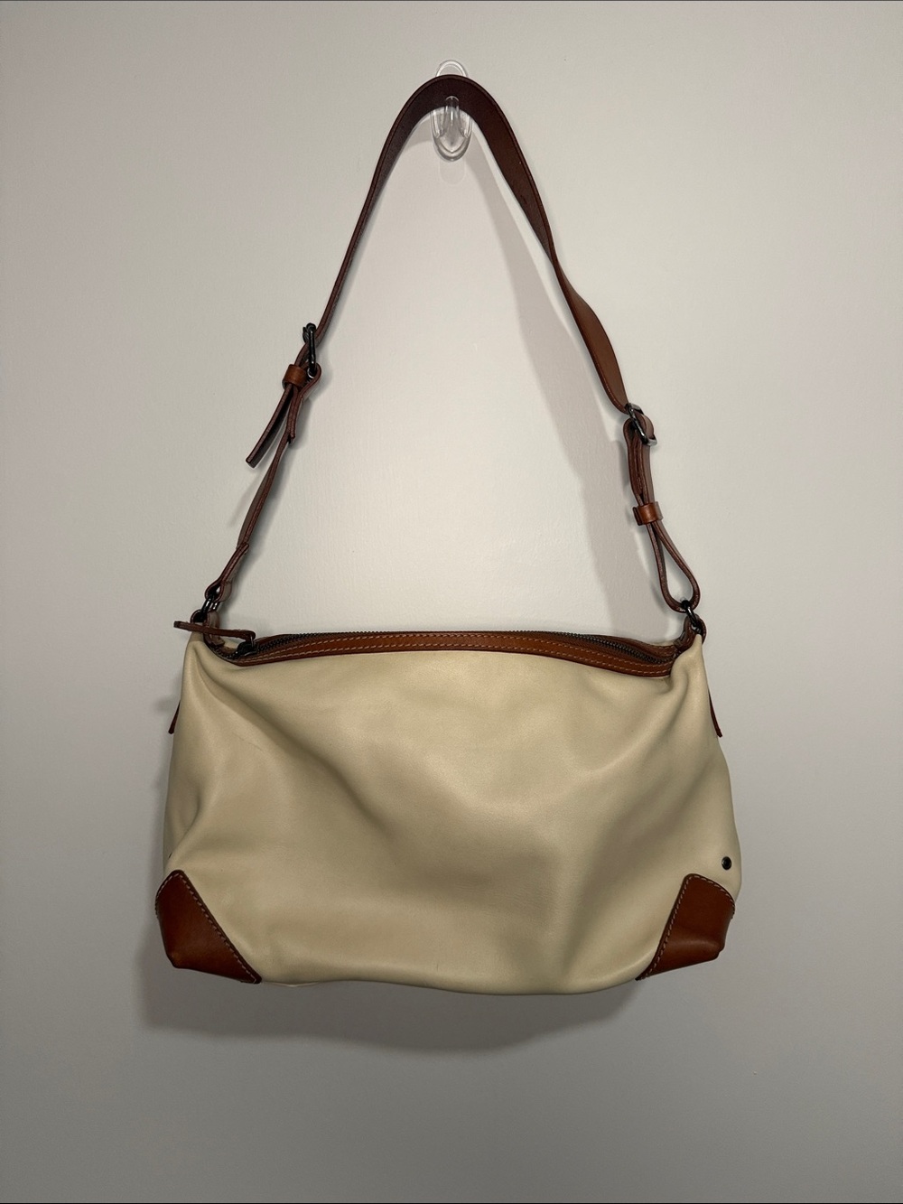 Francesco Biasia Cream and Brown Leather Shoulder Bag